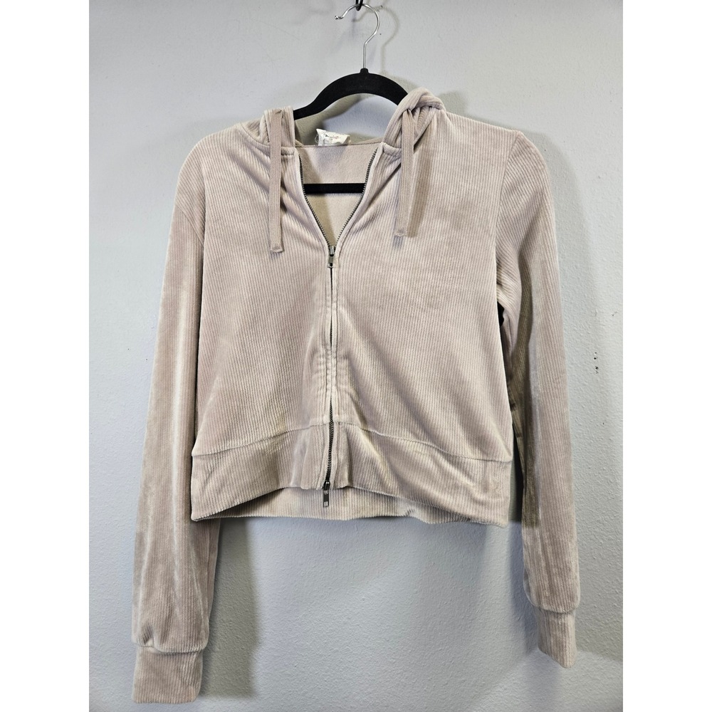 Hippie Rose Ribbed Velour Tan Beige Cropped Zip Up Hoodie Sweatshirt Size M